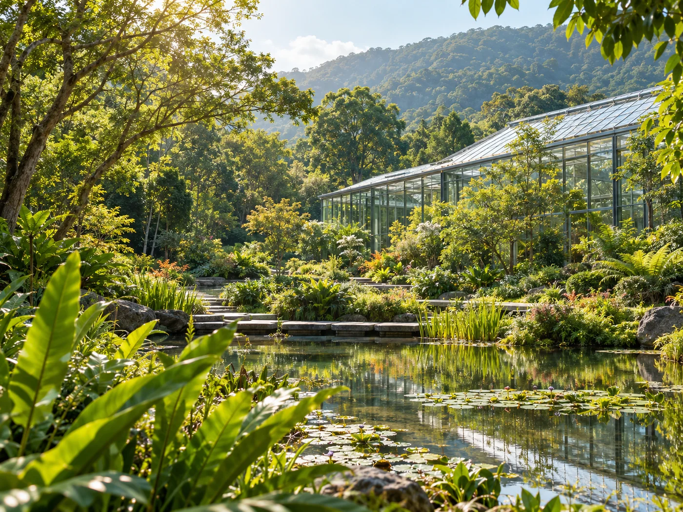 A sunlit botanical garden and glass greenhouse beside a pond